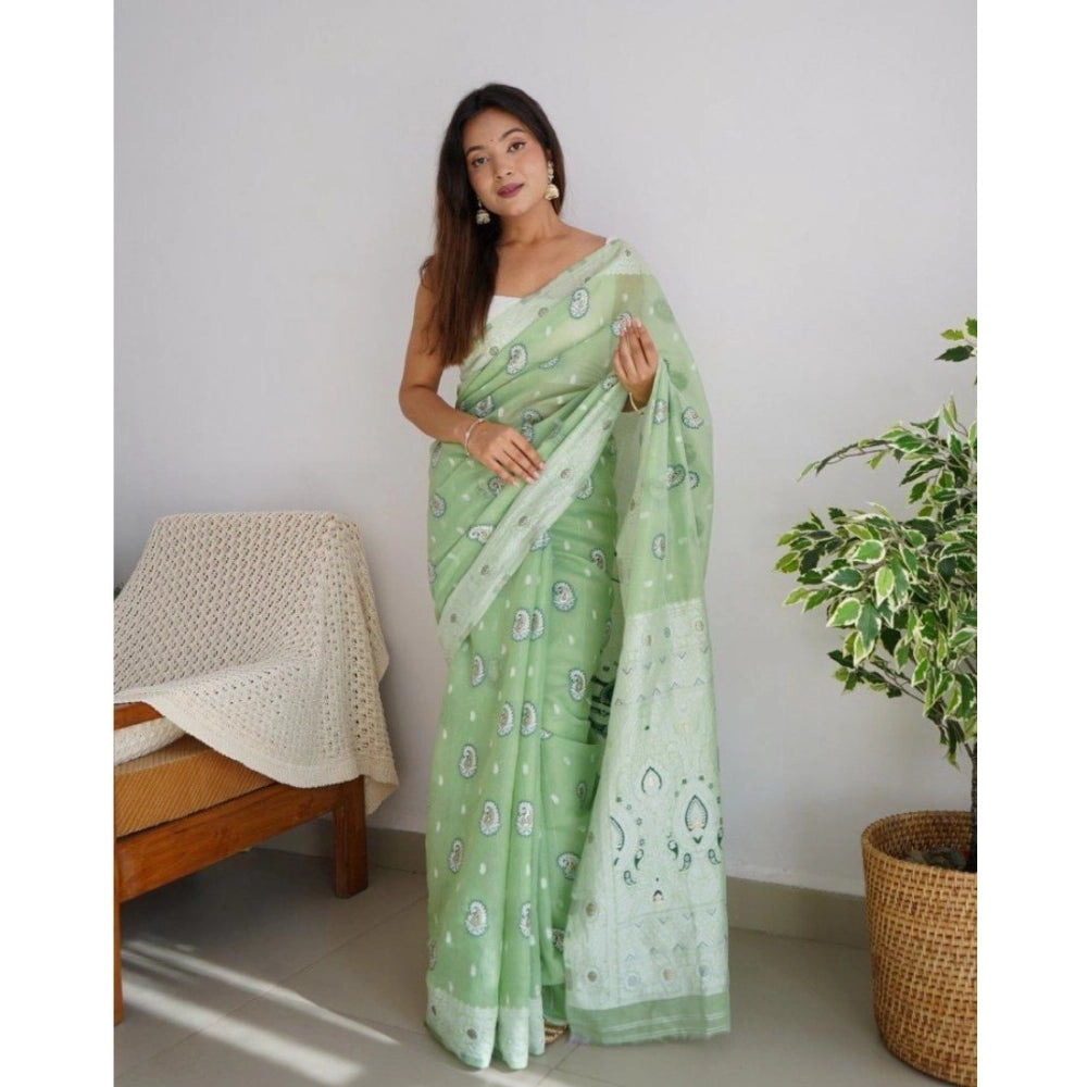 Generic Women's Cotton Printed Saree With Unstitched Blouse 5.5Mtr (Pista)