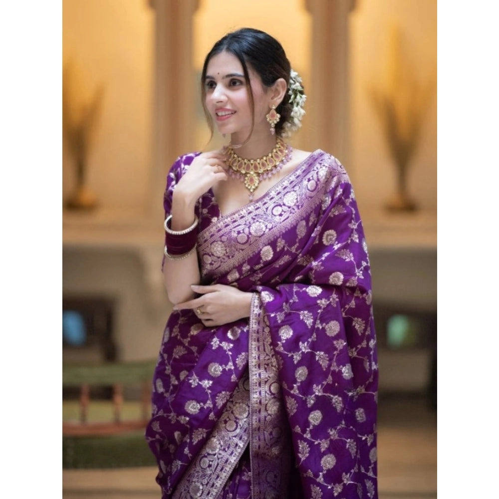 Generic Women's Silk Printed Saree With Unstitched Blouse 5.5Mtr (Purple)