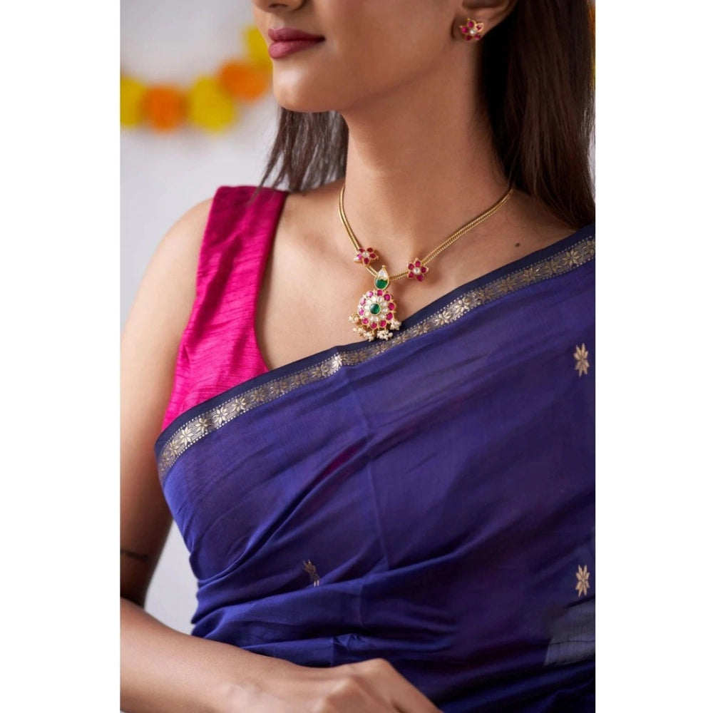 Generic Women's Cotton Printed Saree With Unstitched Blouse 5.5Mtr (Blue)