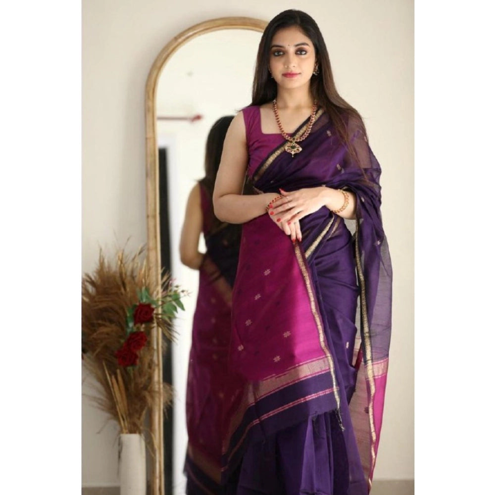 Generic Women's Cotton Printed Saree With Unstitched Blouse 5.5Mtr (Navy Blue)