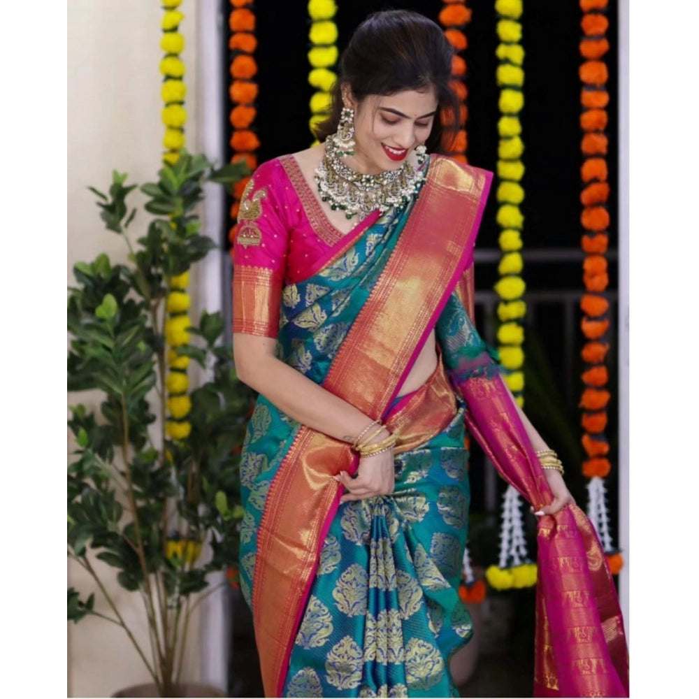 Generic Women's Silk Printed Saree With Unstitched Blouse 5.5Mtr (Teal Blue)