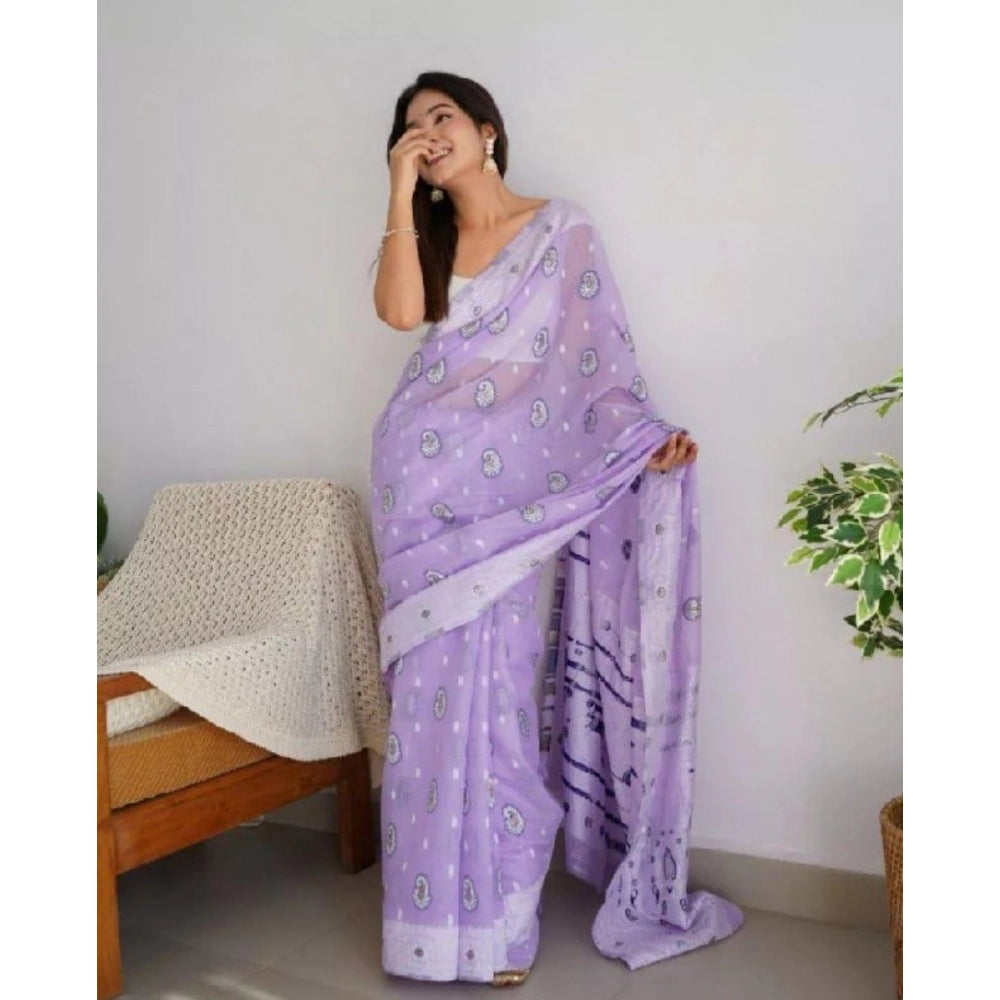 Generic Women's Cotton Printed Saree With Unstitched Blouse 5.5Mtr (Lavender)