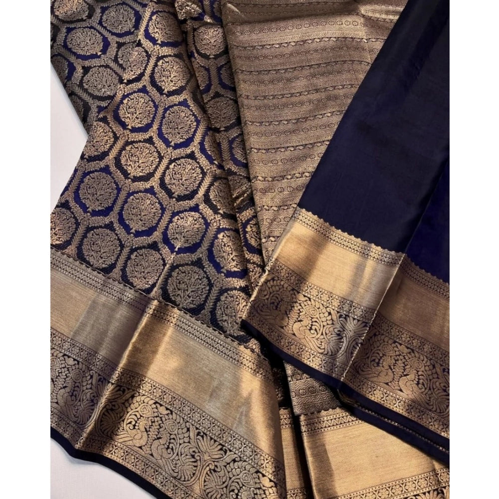 Generic Women's Silk Printed Saree With Unstitched Blouse 5.5Mtr (Navy Blue)