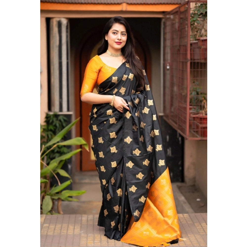 Generic Women's Silk Printed Saree With Unstitched Blouse 5.5Mtr (Yellow)