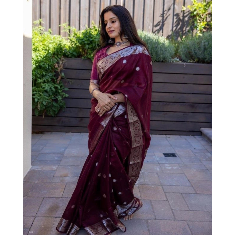 Generic Women's Cotton Printed Saree With Unstitched Blouse 5.5Mtr (Maroon)