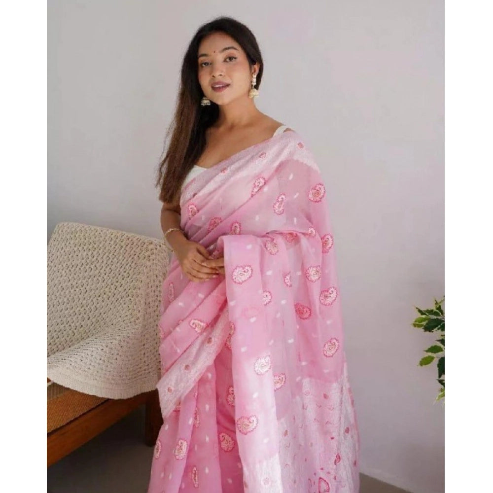 Generic Women's Cotton Printed Saree With Unstitched Blouse 5.5Mtr (Pink)
