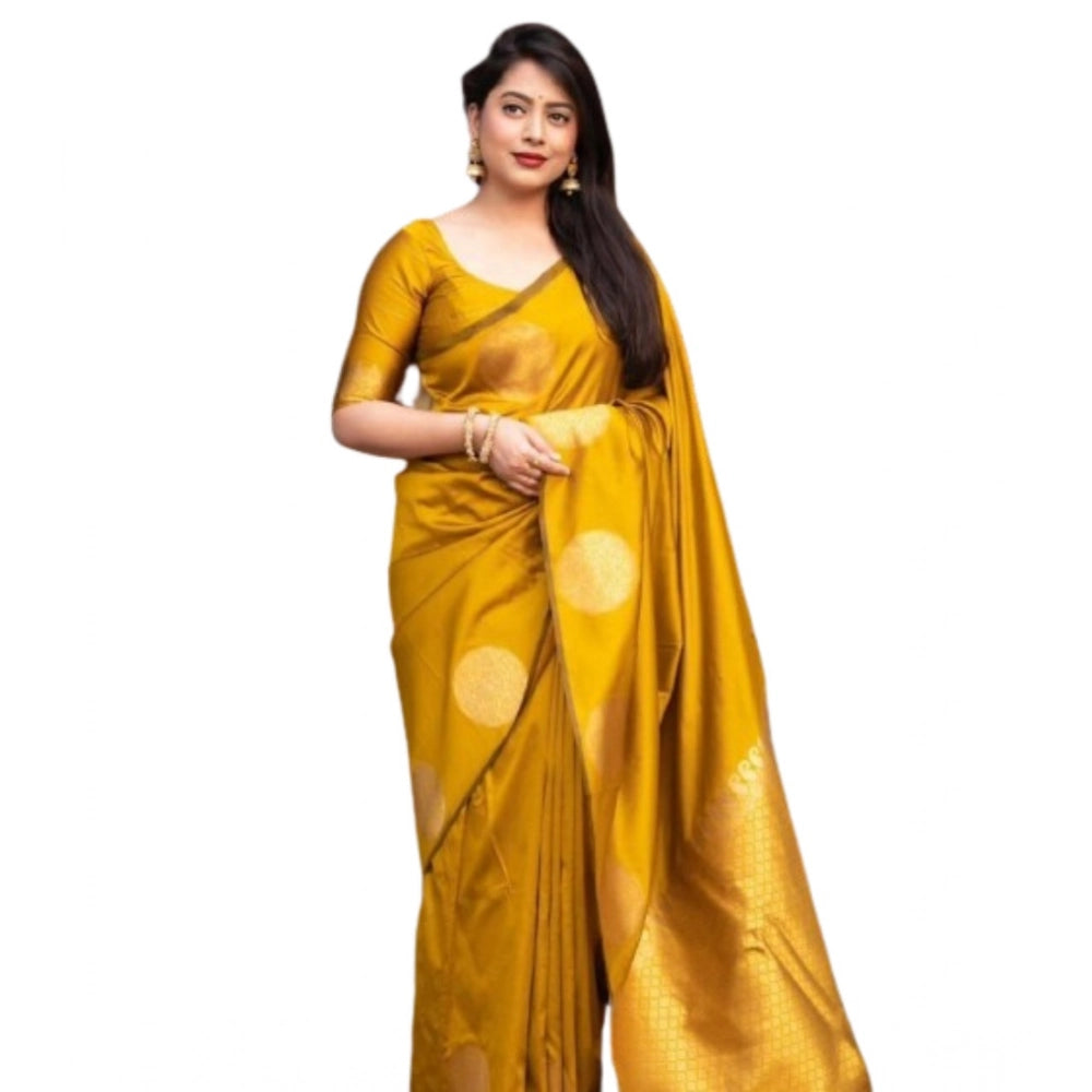 Generic Women's Silk Printed Saree With Unstitched Blouse 5.5Mtr (Yellow)