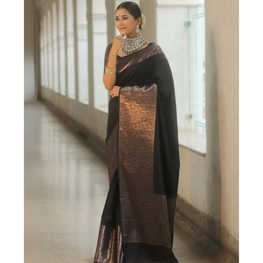 Generic Women's Silk Printed Saree With Unstitched Blouse 5.5Mtr (Black)