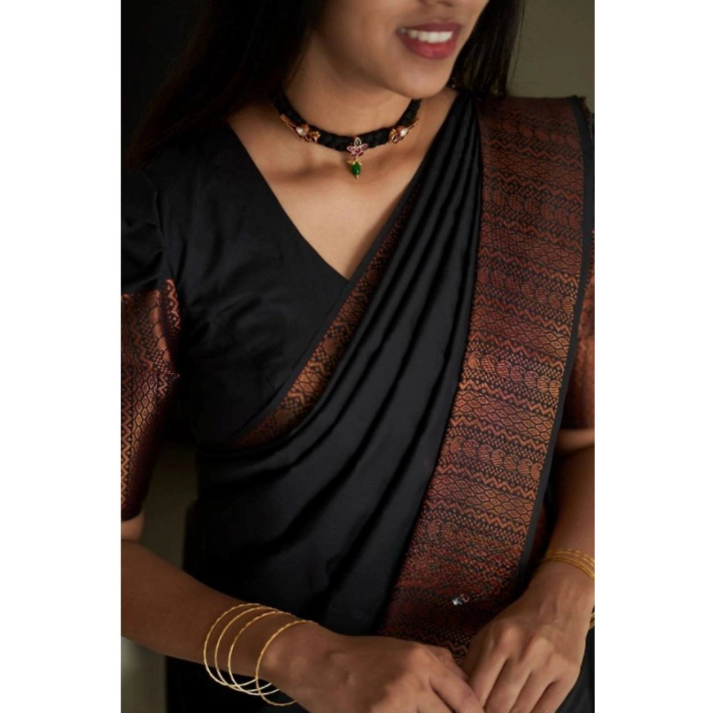 Generic Women's Silk Printed Saree With Unstitched Blouse 5.5Mtr (Black)