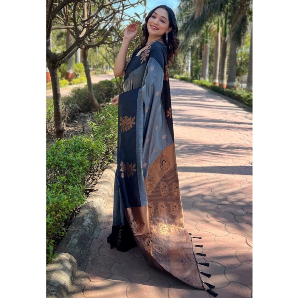 Generic Women's Silk Printed Saree With Unstitched Blouse 5.5Mtr (Grey)