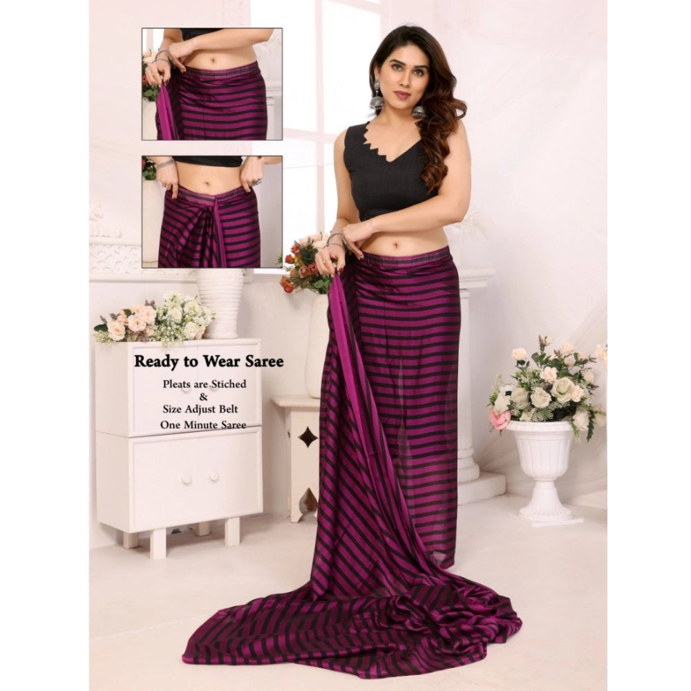 Generic Women's Black Berry Striped Ready-to-Wear Saree With Unstitched Blouse 5.5 Mtr (Purple-Black)