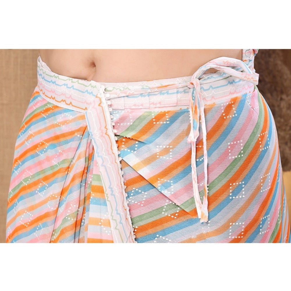 Generic Women's Small Lace Georgette Striped Ready-to-Wear Saree With Unstitched Blouse 5.5 Mtr (Orange)