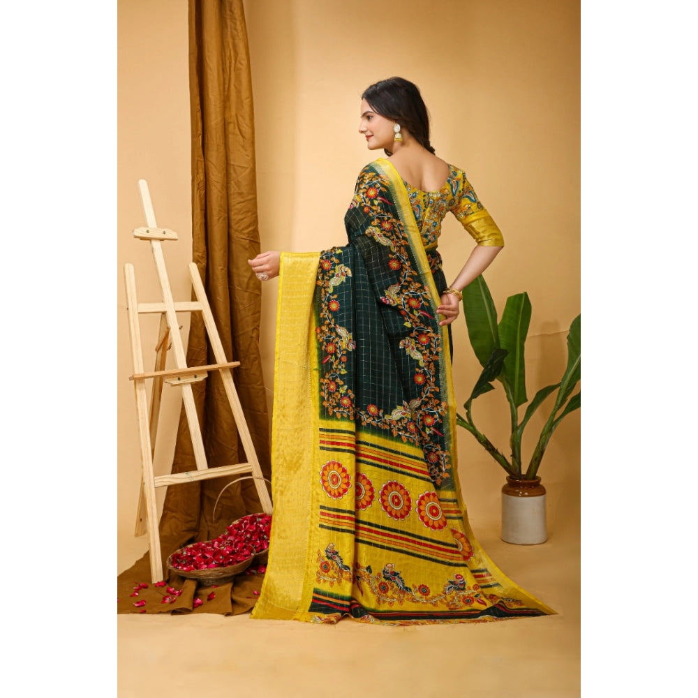 Generic Women's Soft Dola Cotton Kalamkari Printed Saree With Unstitched Blouse 5.5Mtr (Green)