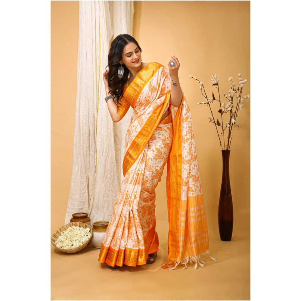 Generic Women's Soft Cotton Silk Printed Saree With Unstitched Blouse 5.5Mtr (Yellow)