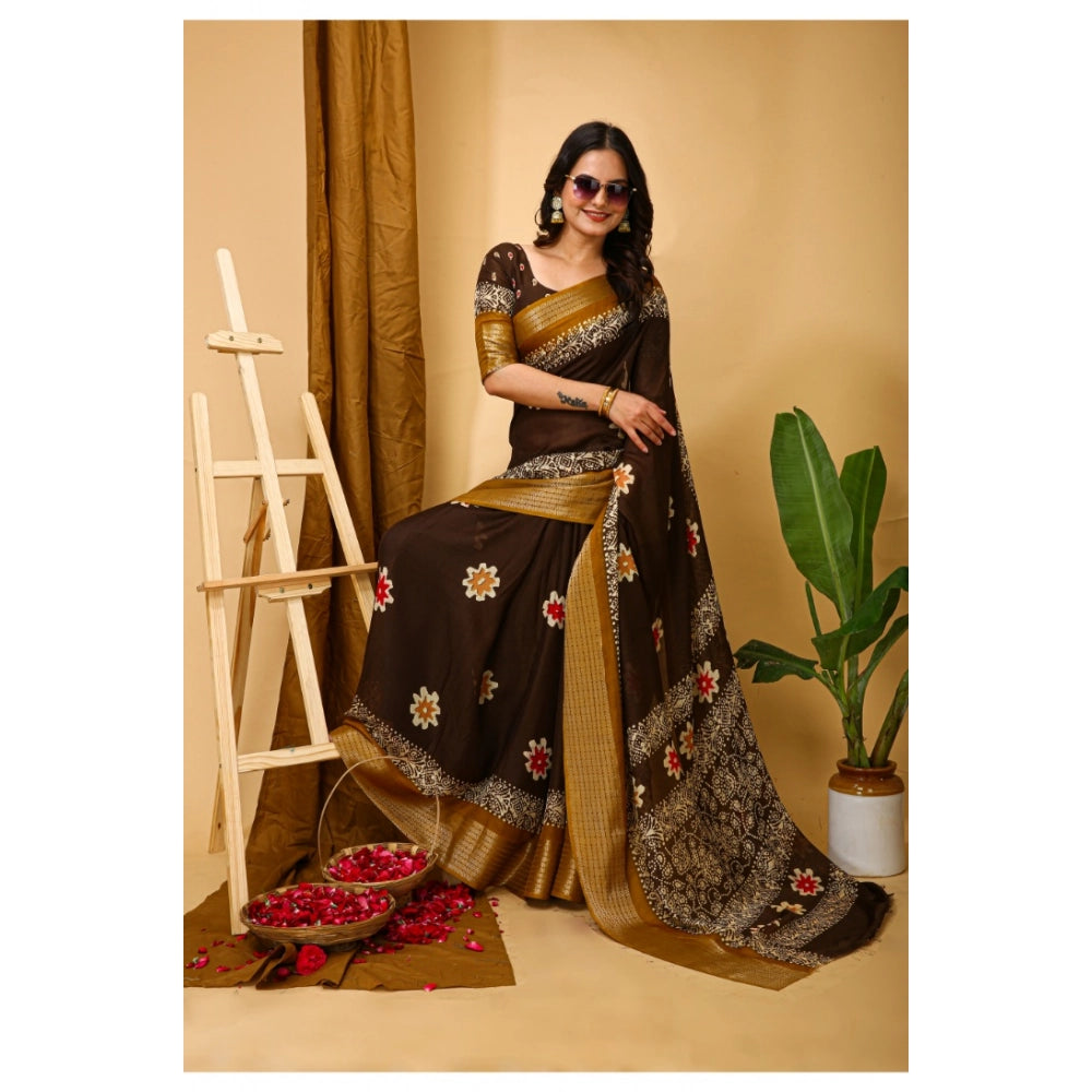 Generic Women's Soft Blooming Marshmallow Fabric Kalamkari Printed Saree With Unstitched Blouse 5.5Mtr (Brown)