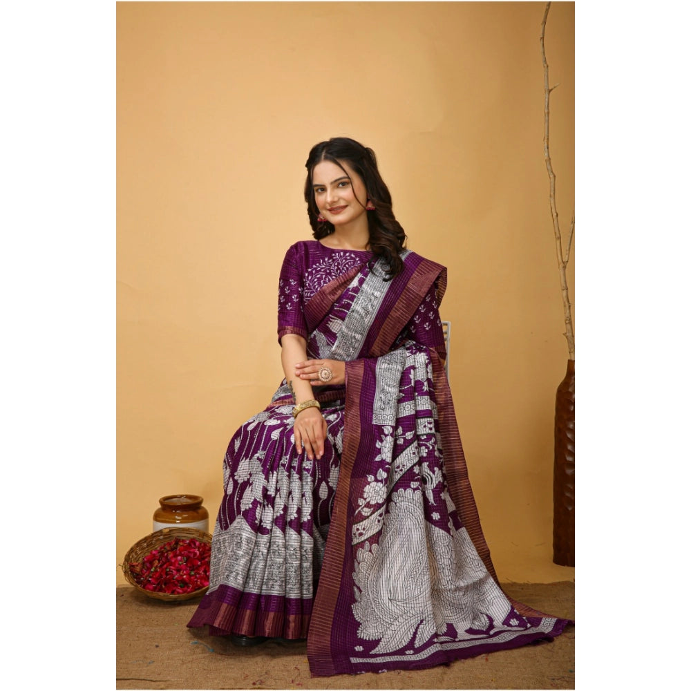 Generic Women's Soft Handloom Cotton Kalamkari Printed Saree With Unstitched Blouse 5.5Mtr (Purple)