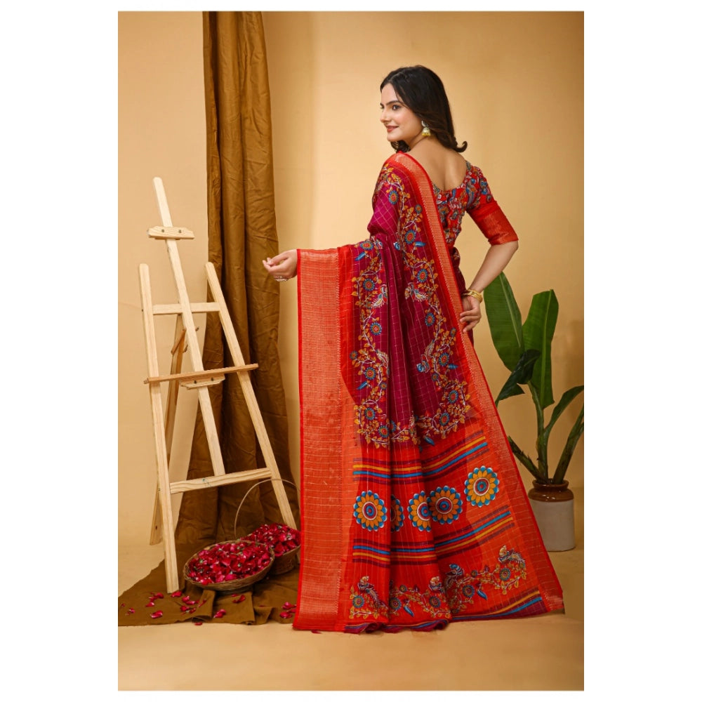 Generic Women's Soft Dola Cotton Kalamkari Printed Saree With Unstitched Blouse 5.5Mtr (Maroon)