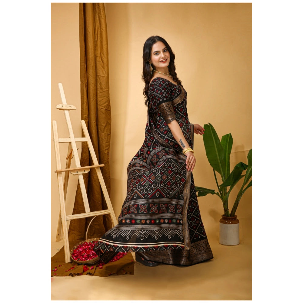Generic Women's Soft Dola Cotton Kalamkari Printed Saree With Unstitched Blouse 5.5Mtr (Black)