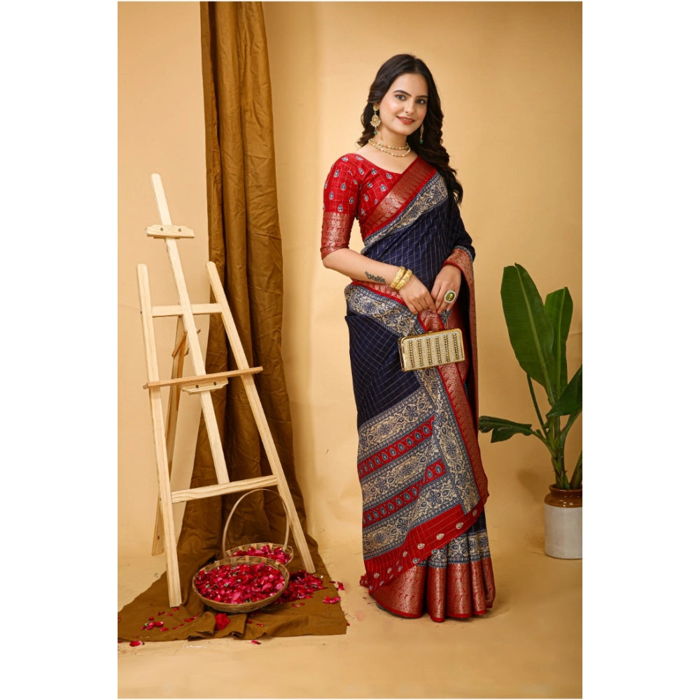 Generic Women's Soft Dola Cotton Kalamkari Printed Saree With Unstitched Blouse 5.5Mtr (Navy Blue)