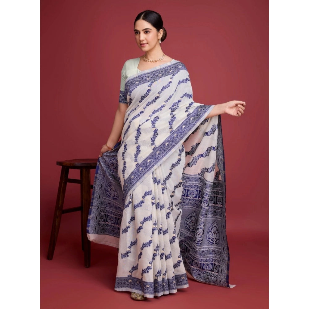 Generic Women's Jamdani Cotton Silk Printed Saree With Unstitched Blouse 5.5Mtr (Navy Blue)