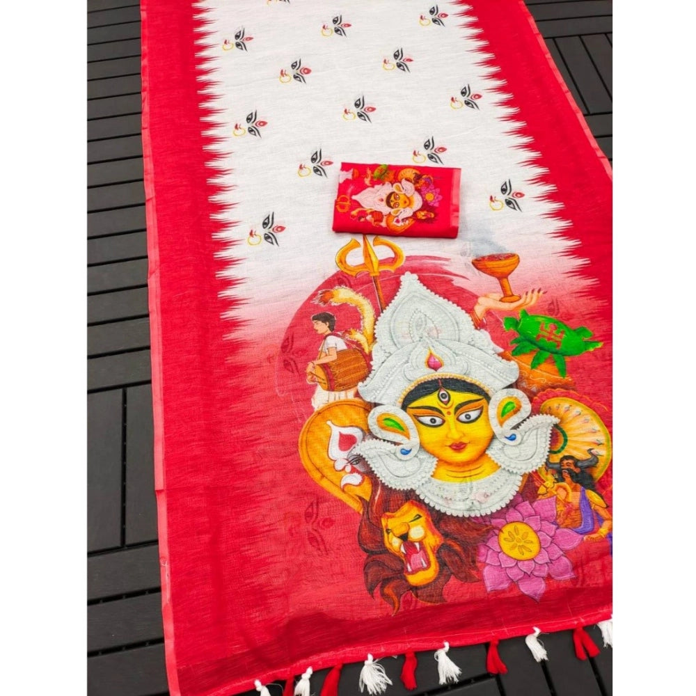 Generic Women's linen Digital Print Saree With Unstitched Blouse 5.5Mtr (White)