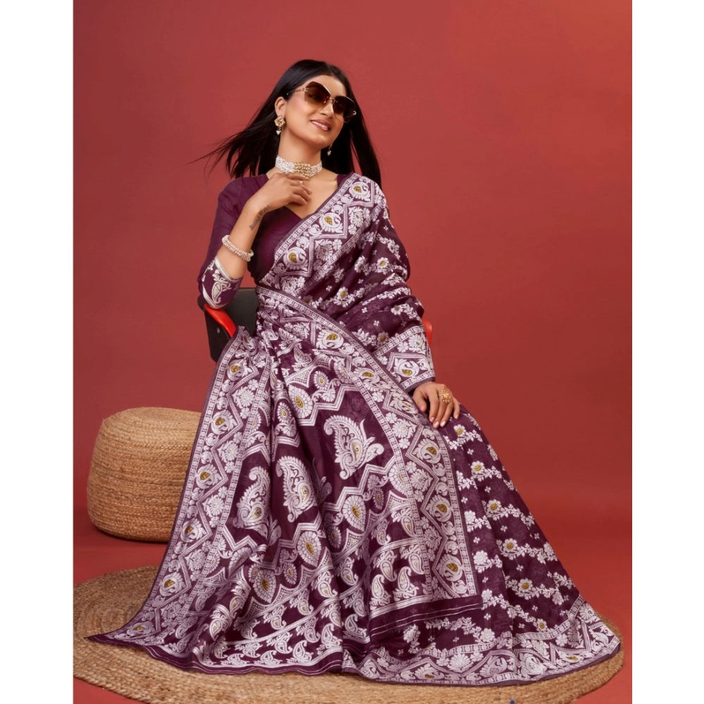 Generic Women's Cotton Silk Printed Saree With Unstitched Blouse 5.5Mtr (Purple)
