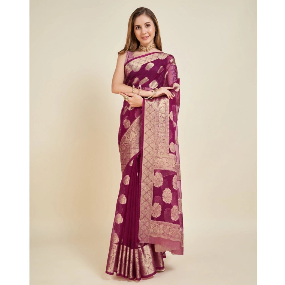 Generic Women's Soft Organza Silk Weaving Design Saree With Unstitched Blouse 5.5Mtr (Wine)