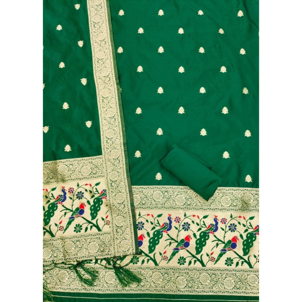 Generic Women's Banarasi Silk Printed Unstitched Salwar Suit Material With Dupatta (Bottle Green, 3Mtrs)