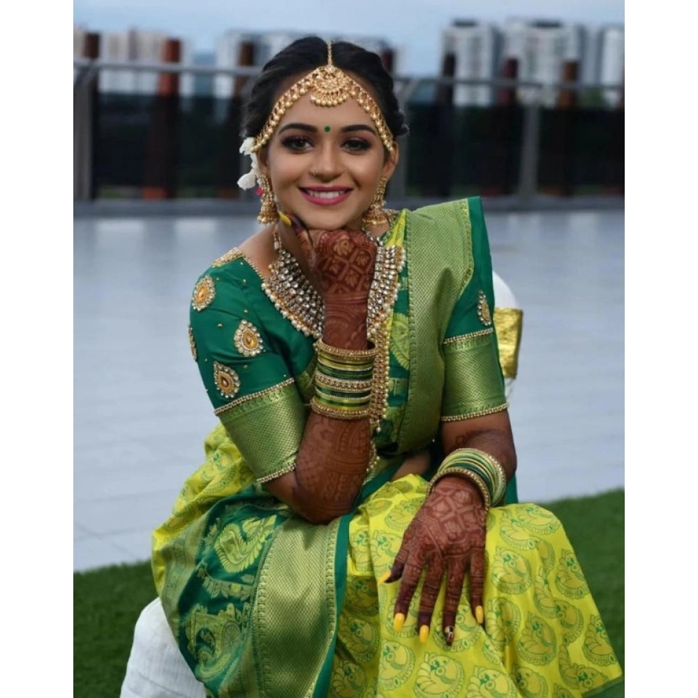 Generic Women's Litchi silk Printed Saree With Unstitched Blouse (Light Green)