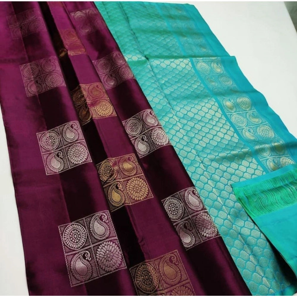 Generic Women's Litchi silk Printed Saree With Unstitched Blouse (Maroon With Turquise Green)