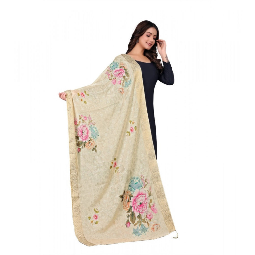 Generic Women's chanderi silk Printed Dupatta (Beige, Length: 2 Mtr)
