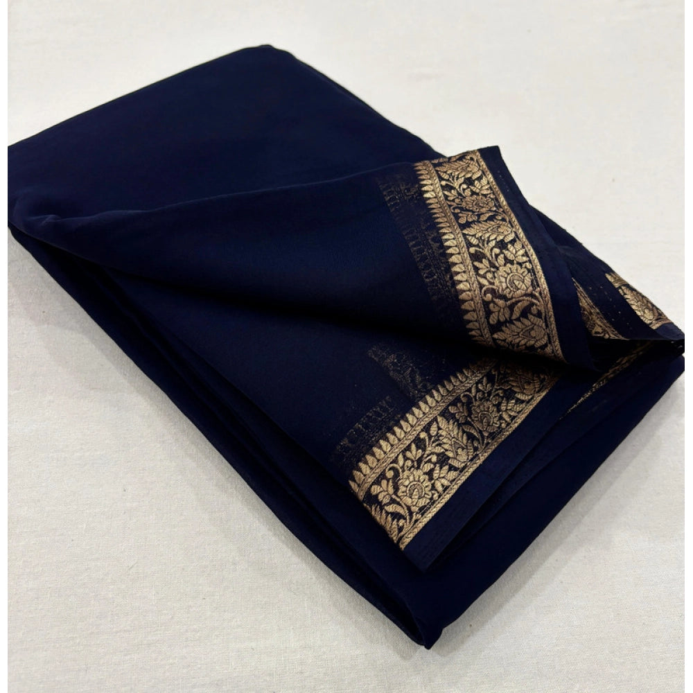 Generic Women's Crepe Chit Pallu Solid Saree With Unstitched Blouse 5.5Mtr (Navy Blue)
