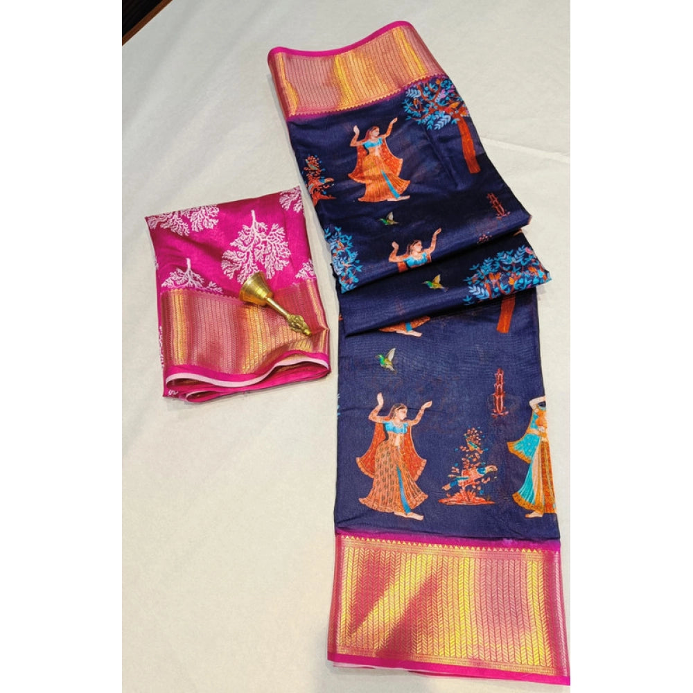 Generic Women's Digital Dolla Silk Printed Saree With Unstitched Blouse 5.5Mtr (Navy Blue)