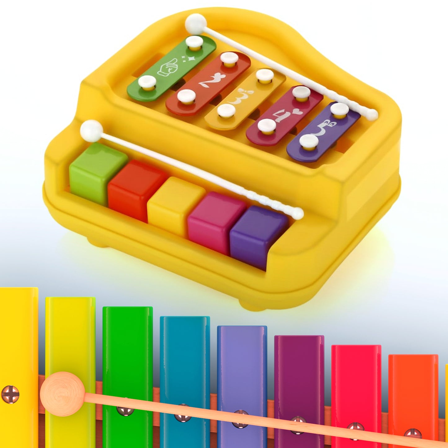 2 In 1 Baby Piano Xylophone Toy For Toddlers 5 Multicolored Key Keyboard Xylophone Piano Preschool Educational Musical Learning Instruments Toy For Baby Kids Girls Boys 3+ Years(1 Pc)