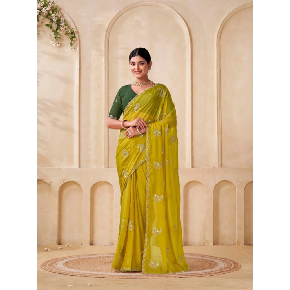 Generic Women's Digital Printed Georgette Saree With Unstitched Blouse (Yellow, 5-6 Mtrs)