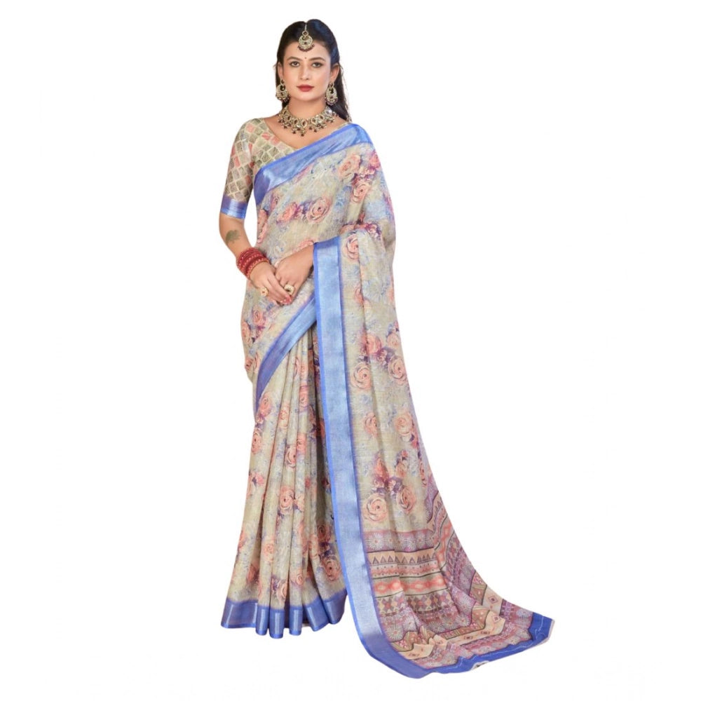 Generic Women's Printed Cotton Linen Saree withPrinted Saree With Unstitched Blouse (Beige, 5-6Mtrs)