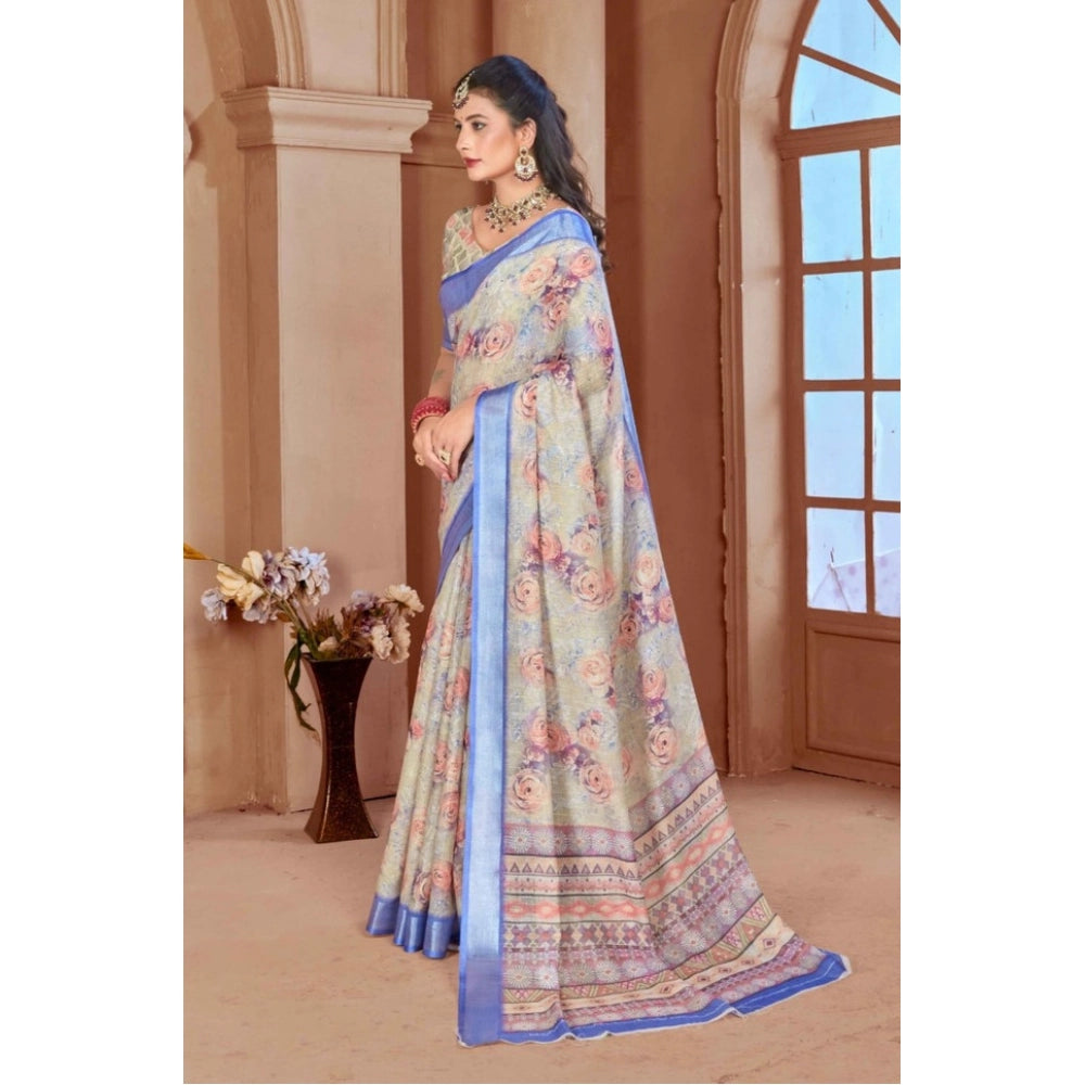 Generic Women's Printed Cotton Linen Saree withPrinted Saree With Unstitched Blouse (Beige, 5-6Mtrs)