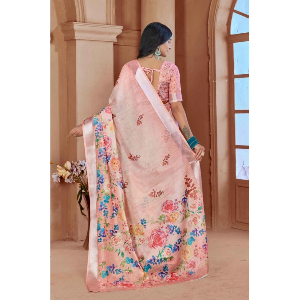 Generic Women's Printed Cotton Linen Saree withPrinted Saree With Unstitched Blouse (Pink , 5-6Mtrs)