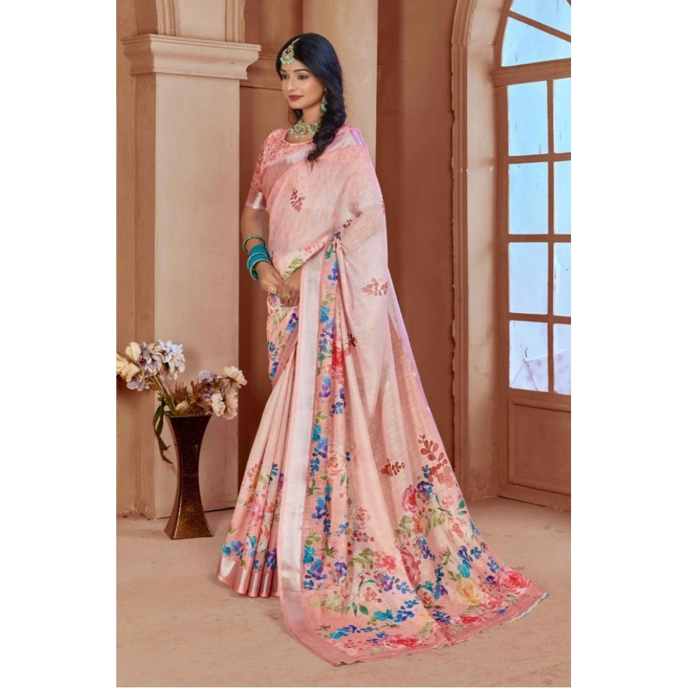 Generic Women's Printed Cotton Linen Saree withPrinted Saree With Unstitched Blouse (Pink , 5-6Mtrs)