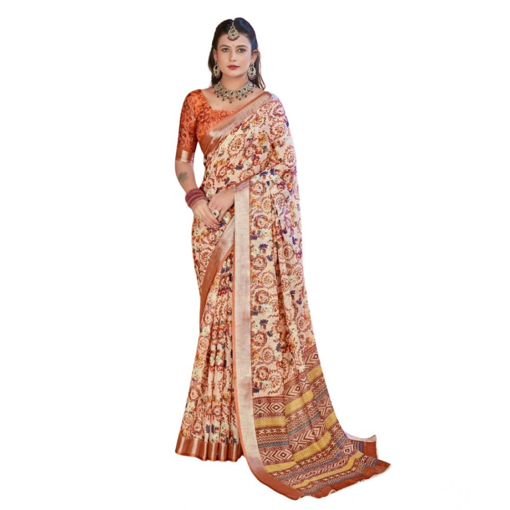 Generic Women's Printed Cotton Linen Saree withPrinted Saree With Unstitched Blouse (Orange , 5-6Mtrs)