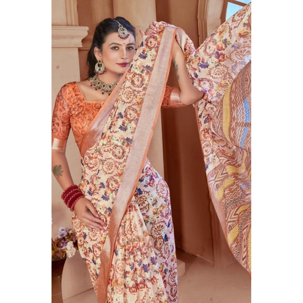 Generic Women's Printed Cotton Linen Saree withPrinted Saree With Unstitched Blouse (Orange , 5-6Mtrs)