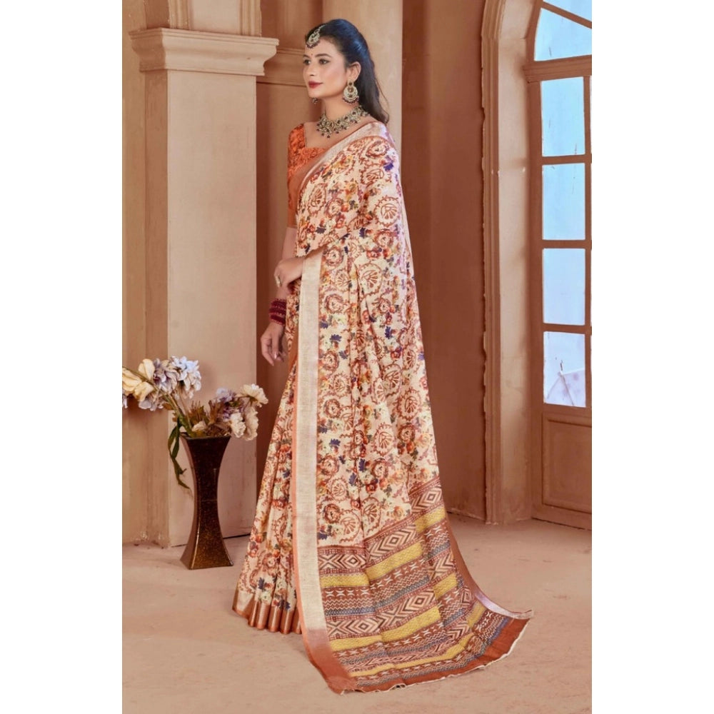 Generic Women's Printed Cotton Linen Saree withPrinted Saree With Unstitched Blouse (Orange , 5-6Mtrs)
