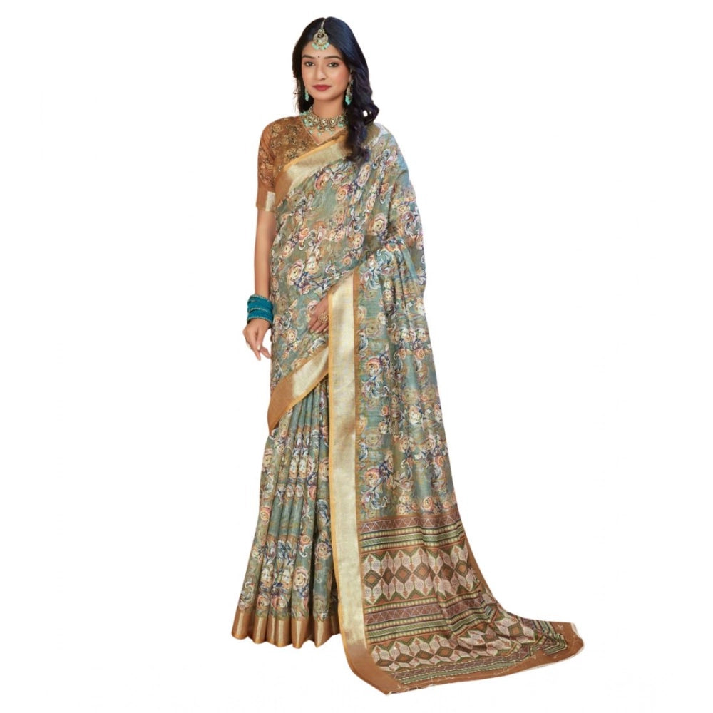 Generic Women's Printed Cotton Linen Saree withPrinted Saree With Unstitched Blouse (Green, 5-6Mtrs)