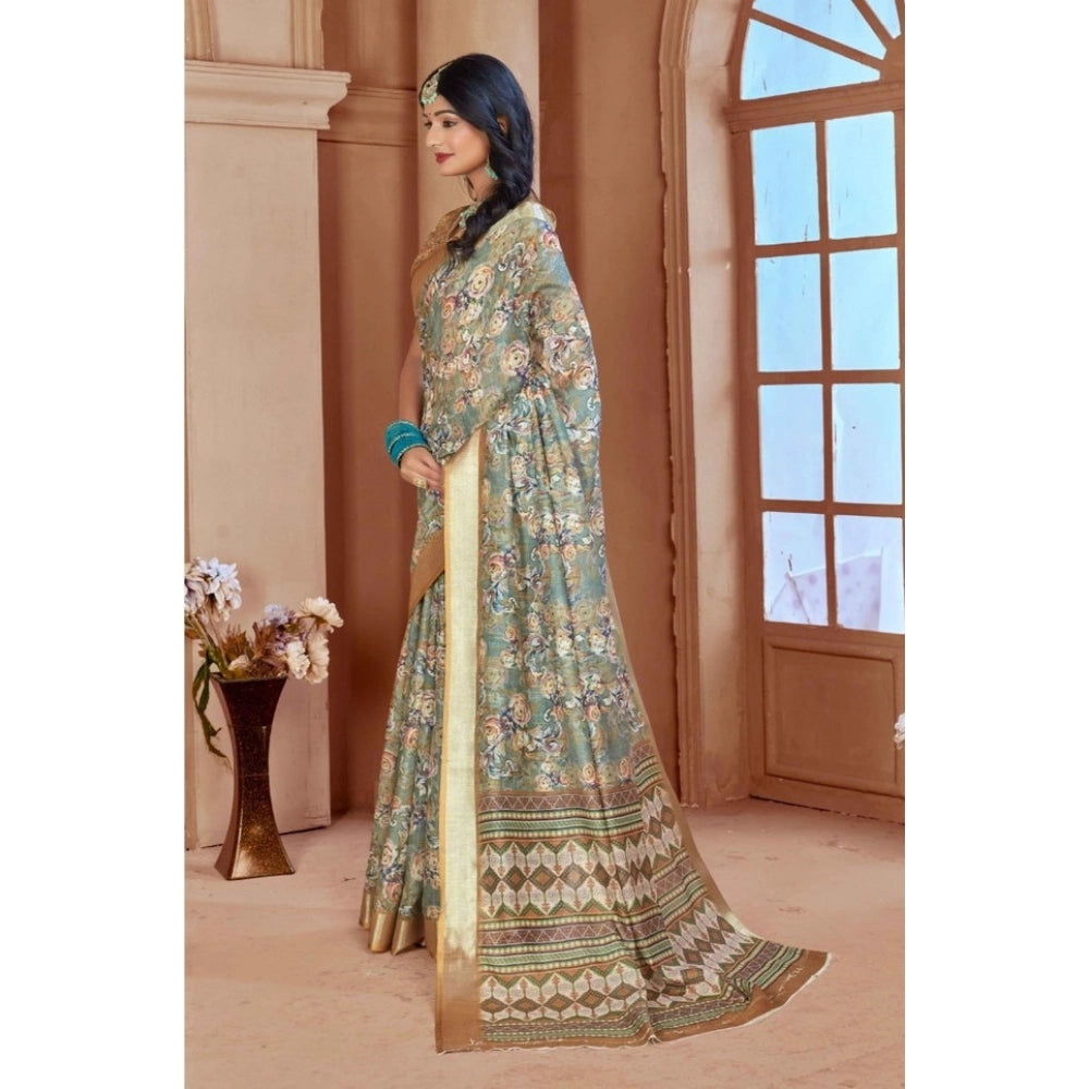Generic Women's Printed Cotton Linen Saree withPrinted Saree With Unstitched Blouse (Green, 5-6Mtrs)