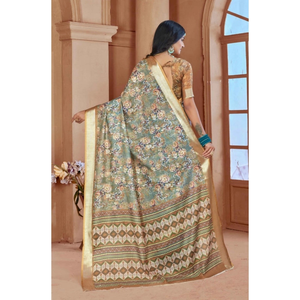 Generic Women's Printed Cotton Linen Saree withPrinted Saree With Unstitched Blouse (Green, 5-6Mtrs)