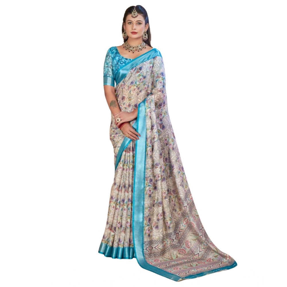 Generic Women's Printed Cotton Linen Saree withPrinted Saree With Unstitched Blouse (Rust , 5-6Mtrs)