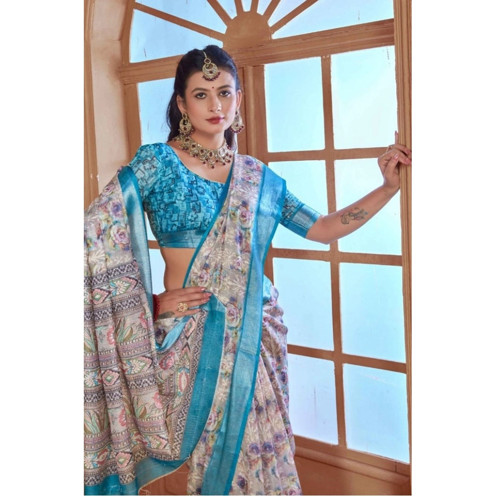 Generic Women's Printed Cotton Linen Saree withPrinted Saree With Unstitched Blouse (Rust , 5-6Mtrs)