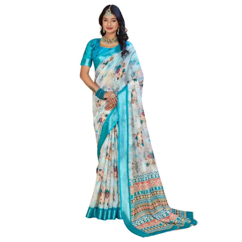 Generic Women's Printed Cotton Linen Saree withPrinted Saree With Unstitched Blouse (Blue, 5-6Mtrs)