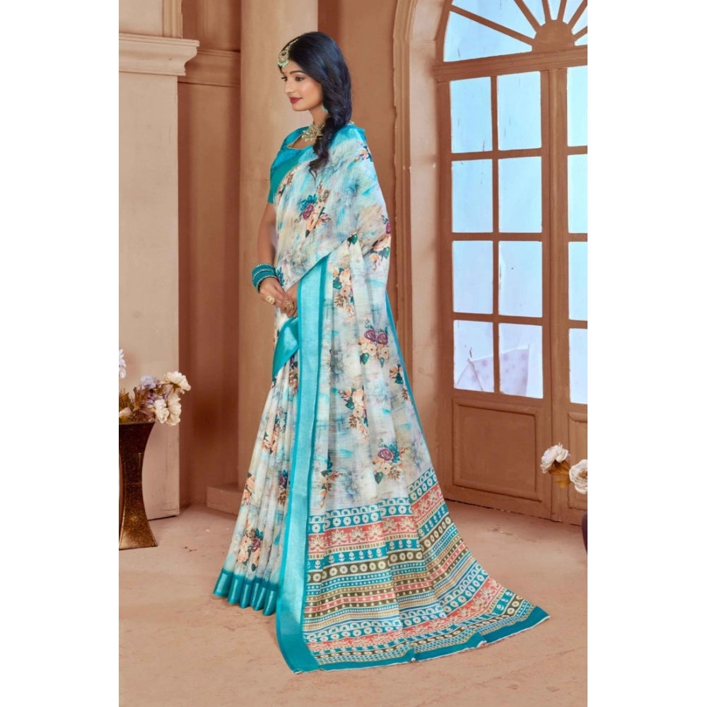 Generic Women's Printed Cotton Linen Saree withPrinted Saree With Unstitched Blouse (Blue, 5-6Mtrs)