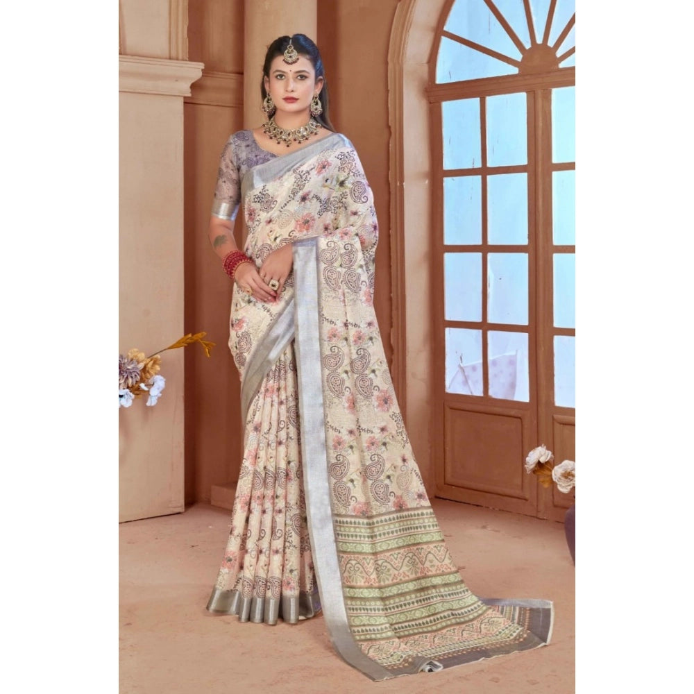 Generic Women's Printed Cotton Linen Saree withPrinted Saree With Unstitched Blouse (Beige, 5-6Mtrs)